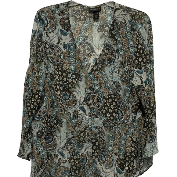 Lane Bryant Tops - Lane Bryant shirt women 22/24 green multi color long sleeve open shoulder blouse